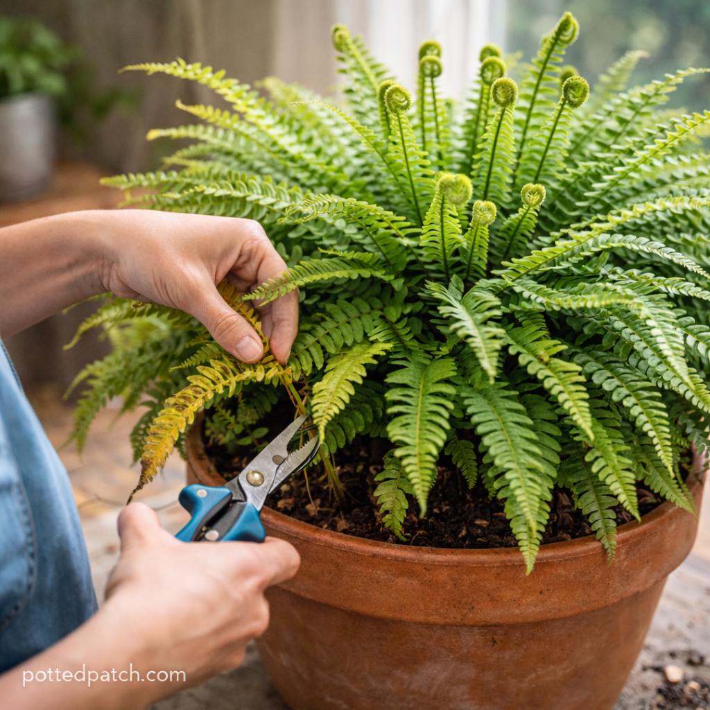 Person trimming yellowing fronds at the base of a Boston fern to stimulate fresh new growth.