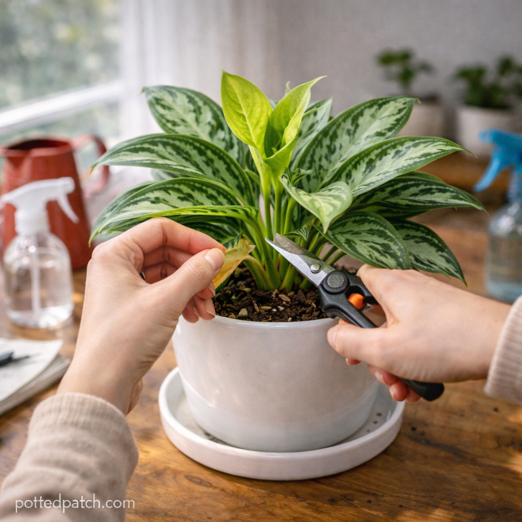 Person pruning yellow leaf from a Chinese Evergreen plant indoors to encourage new growth with pottedpatch.com watermark.