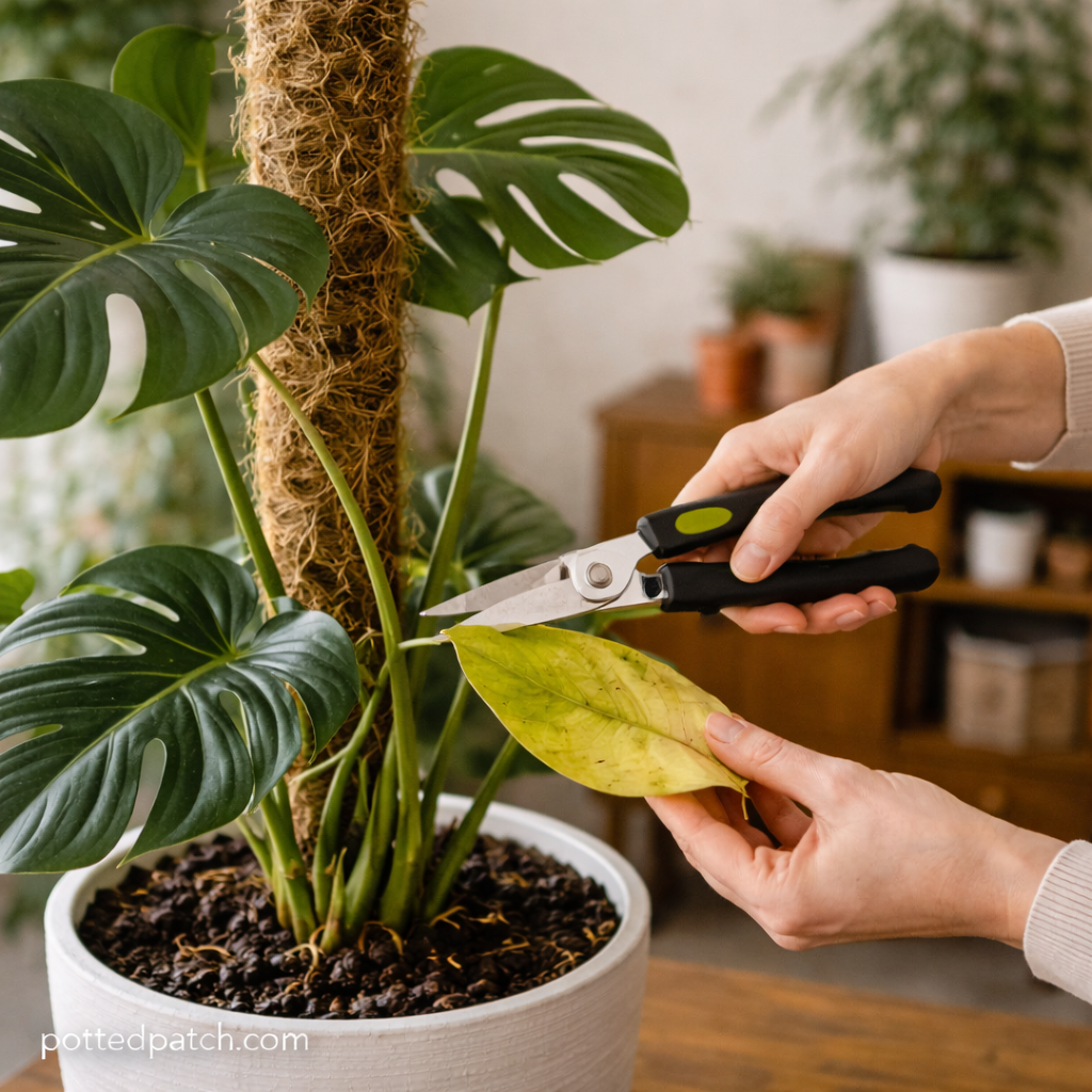 Person pruning a Monstera plant to encourage healthy new leaf growth indoors.