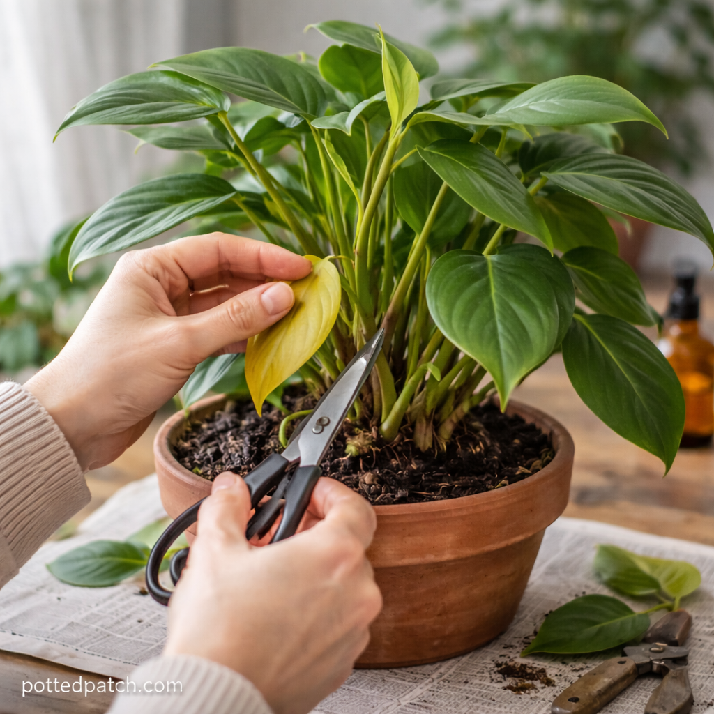 Person trimming a yellow leaf from a healthy indoor philodendron plant with pruning scissors, showing routine maintenance care, with pottedpatch.com watermark.