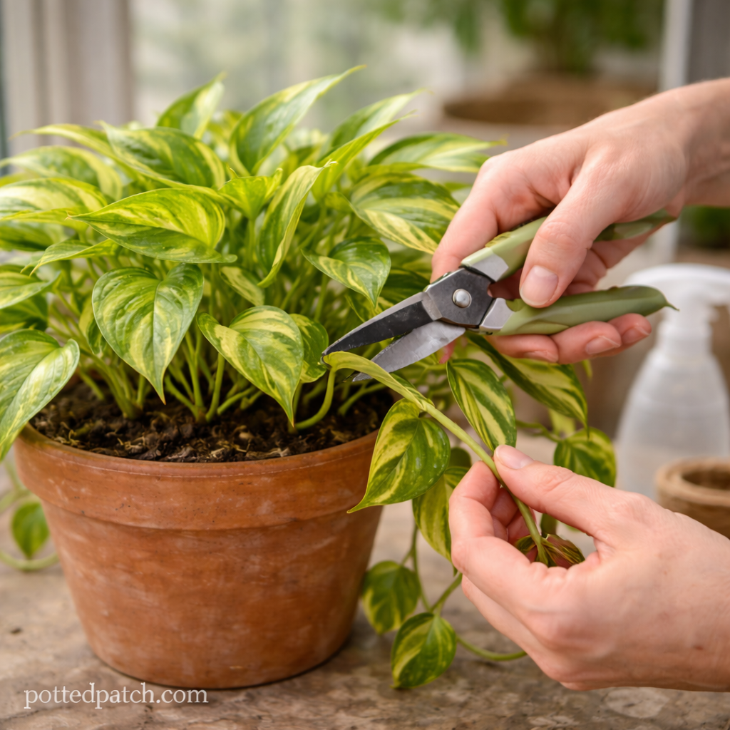 Person pruning a pothos vine to maintain healthy growth indoors.