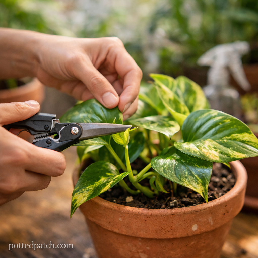 Person pruning a healthy pothos plant to encourage new leaf growth indoors.