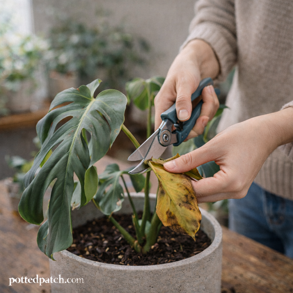 Person pruning a yellowing Monstera leaf with clean pruning shears indoors.