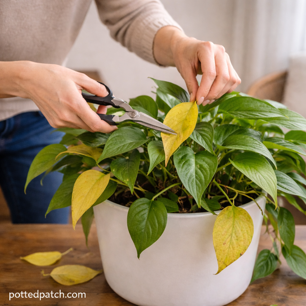 Person trimming yellow leaves from a pothos plant indoors to prevent further leaf drop with pottedpatch.com watermark.