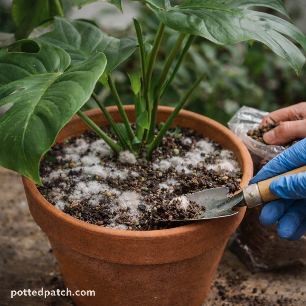 Person removing mold from Monstera soil using a hand trowel during indoor plant care.