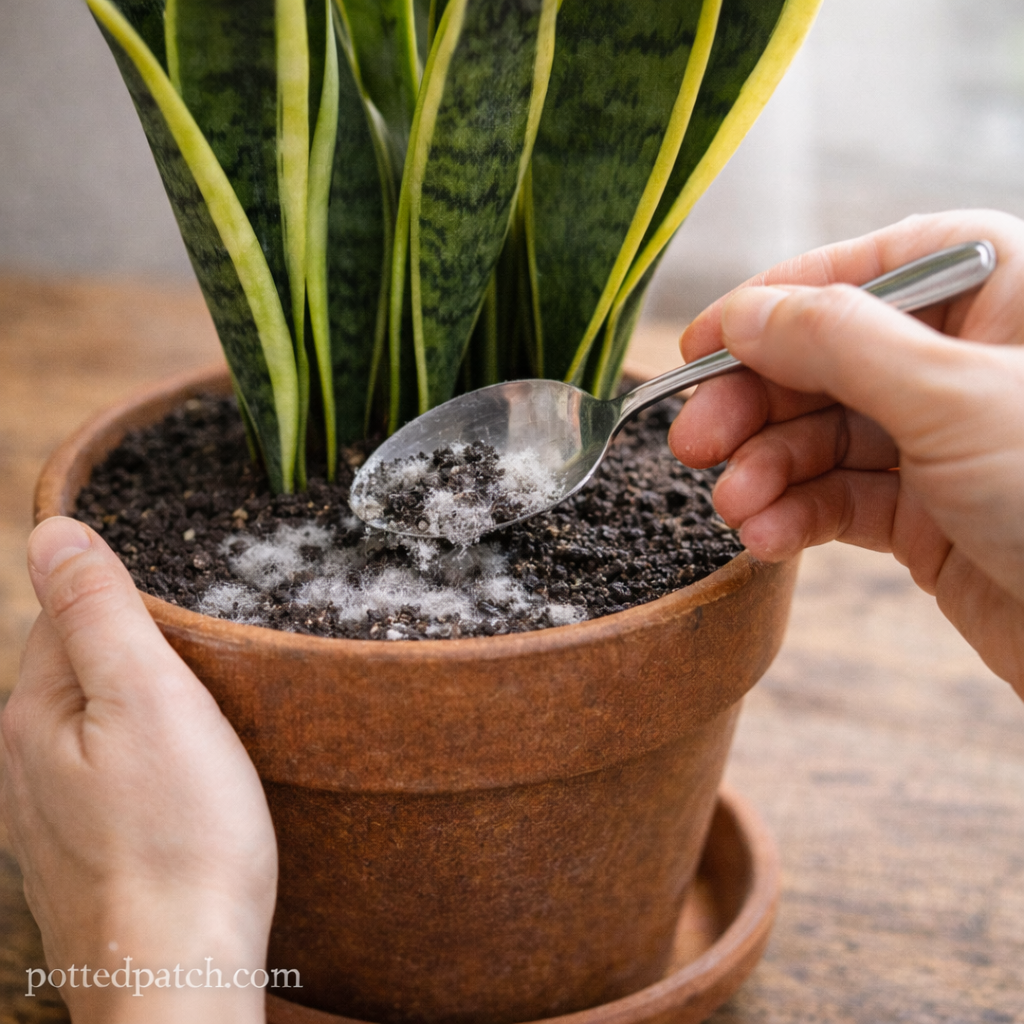 Hands using a spoon to remove white mold from the surface of snake plant soil in a terracotta pot, with pottedpatch.com watermark.