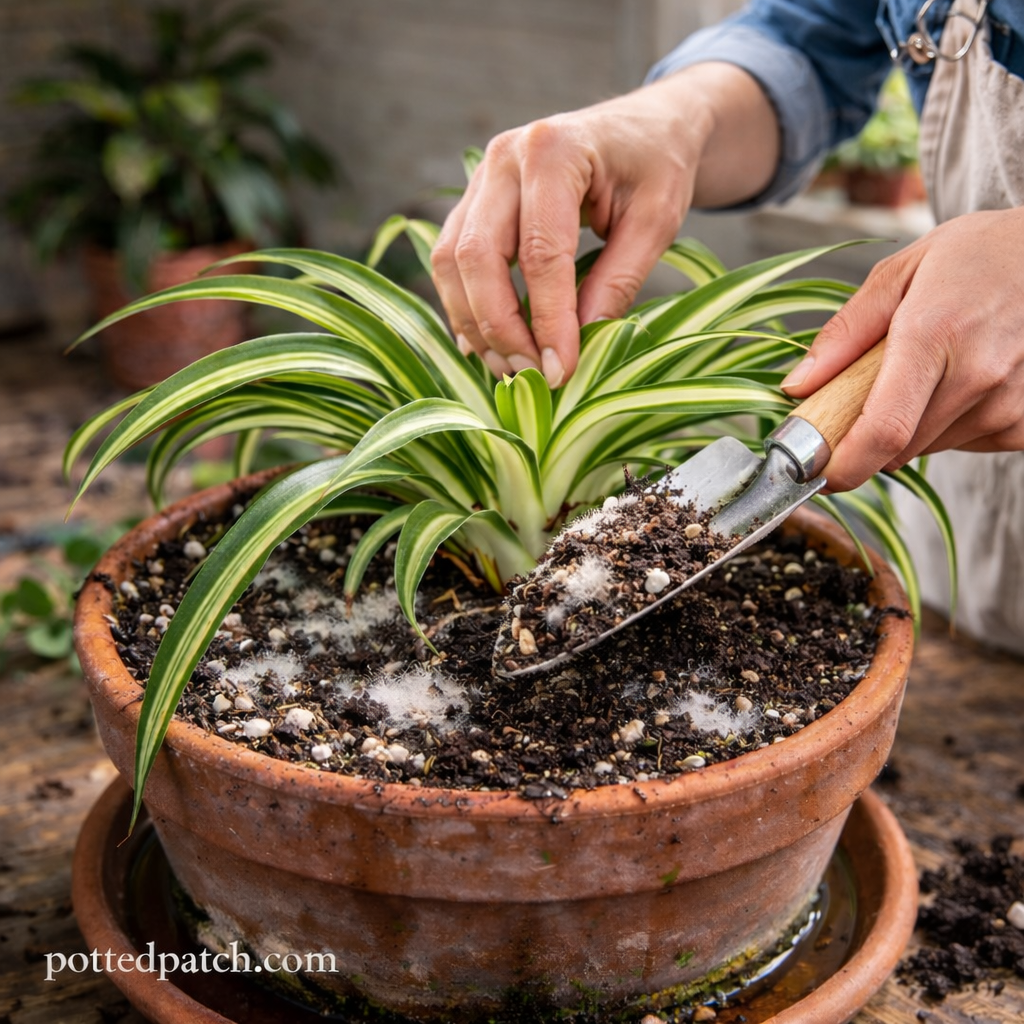 Person using a small trowel to remove white mold from the surface of spider plant soil.