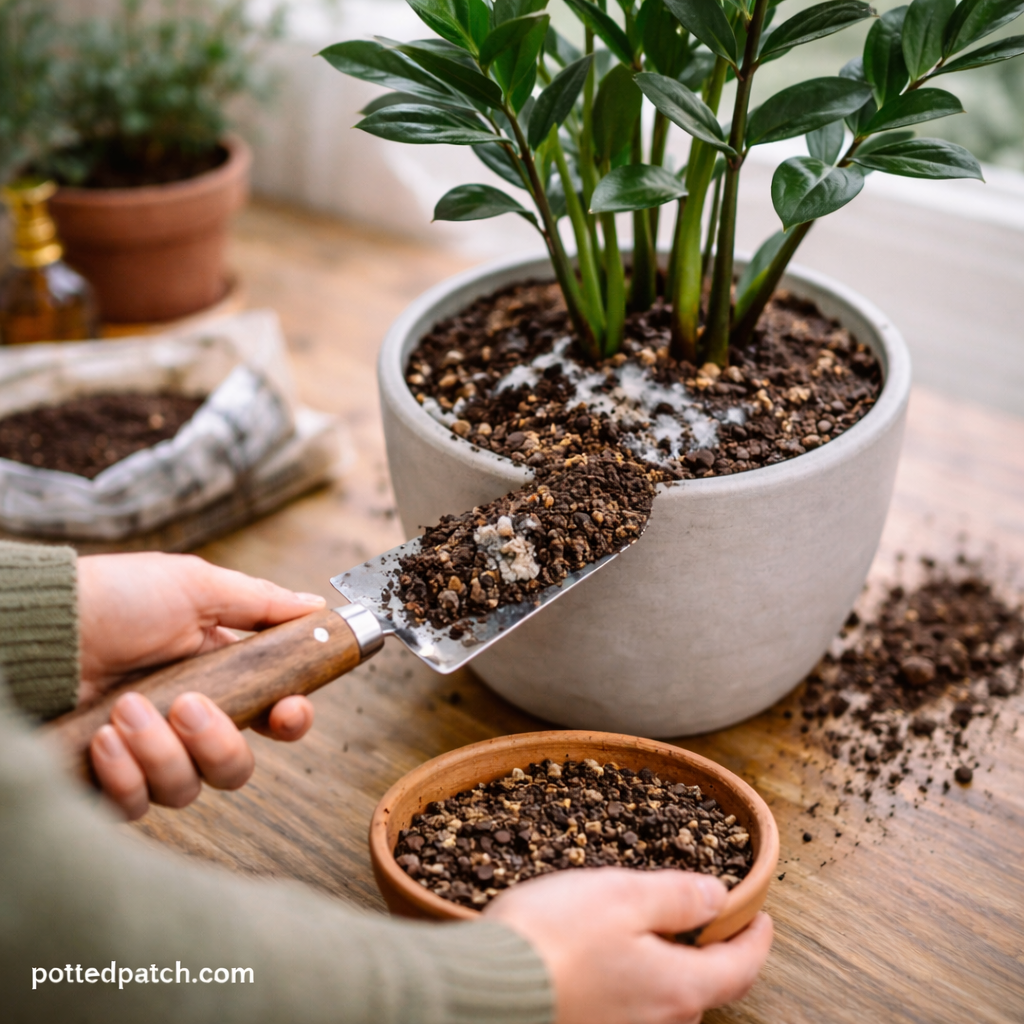 Person removing moldy soil from a ZZ plant using a hand trowel and replacing it with fresh potting mix indoors.