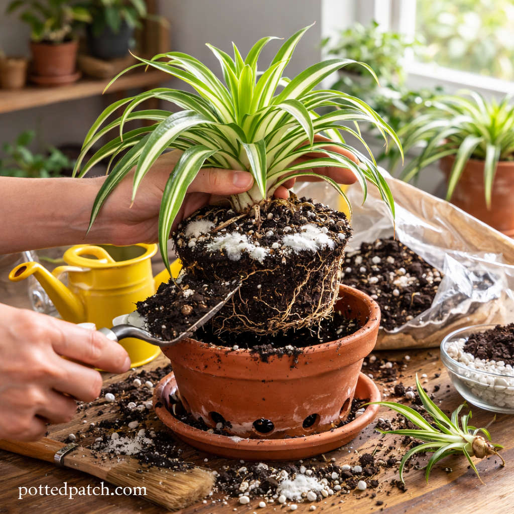Person lifting a spider plant from its pot and removing moldy soil from the root ball indoors.