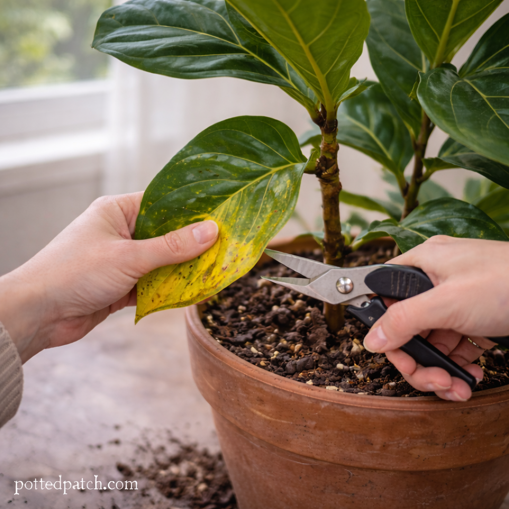 Person trimming a yellowing lower leaf from a fiddle leaf fig using pruning shears with pottedpatch.com watermark.