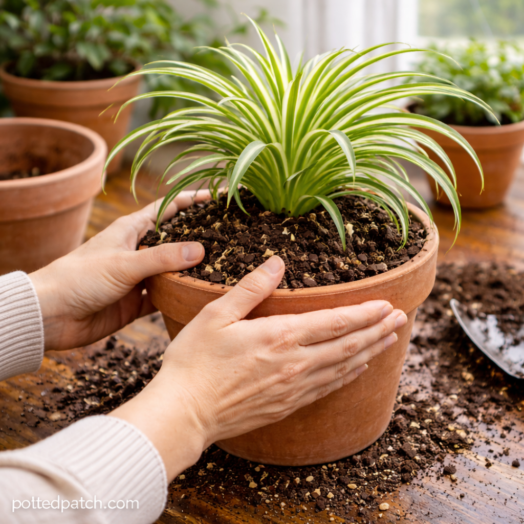 Person pressing soil around a newly repotted spider plant in a larger terracotta pot.