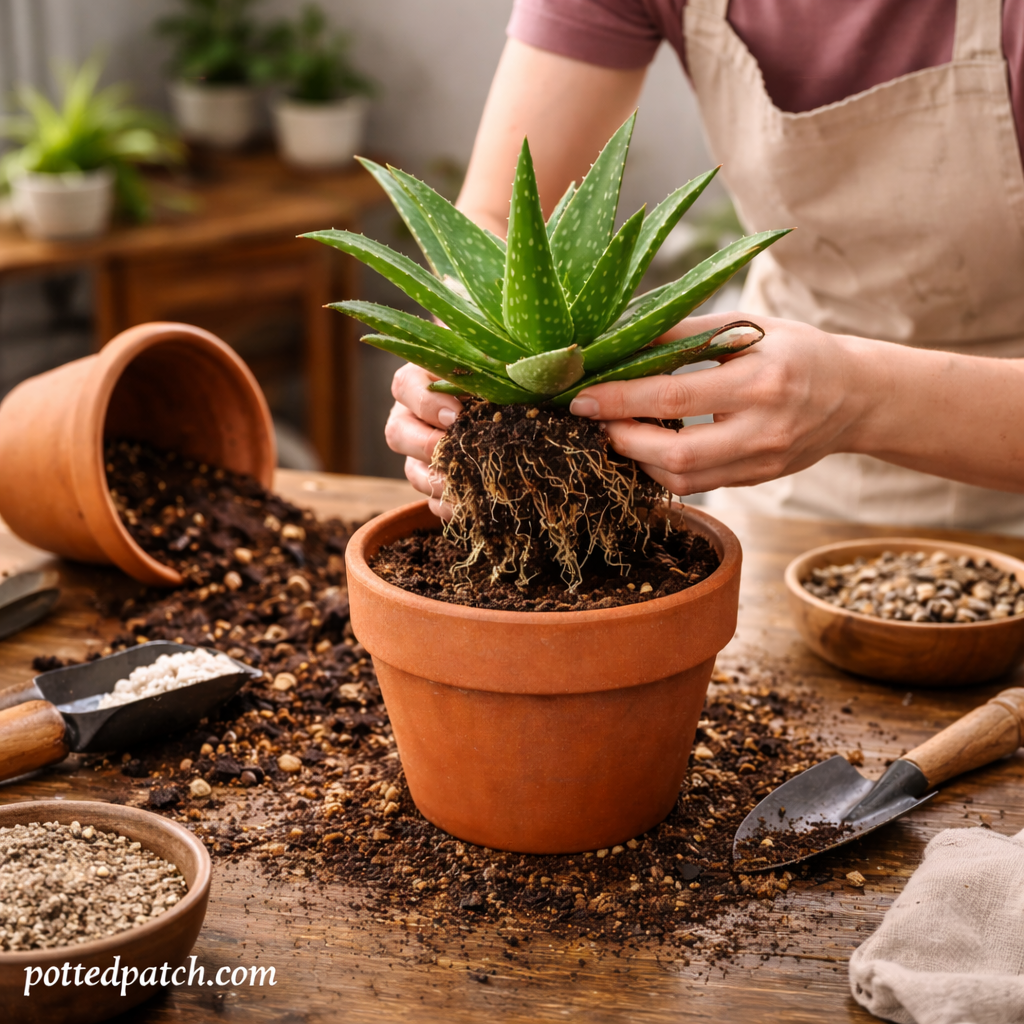 Person placing aloe vera with exposed roots into a terracotta pot with fresh succulent soil indoors.