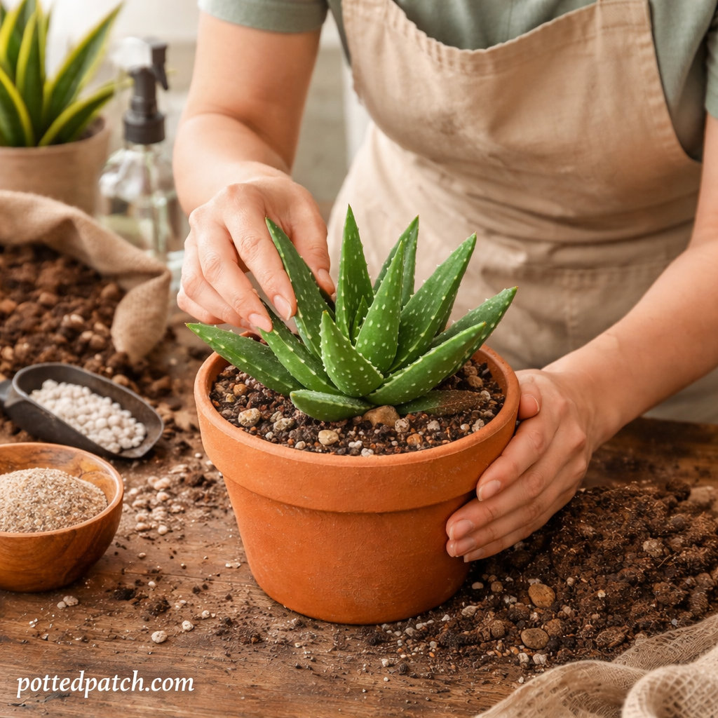 Person repotting aloe vera plant into well-draining cactus soil mix in terracotta pot indoors.