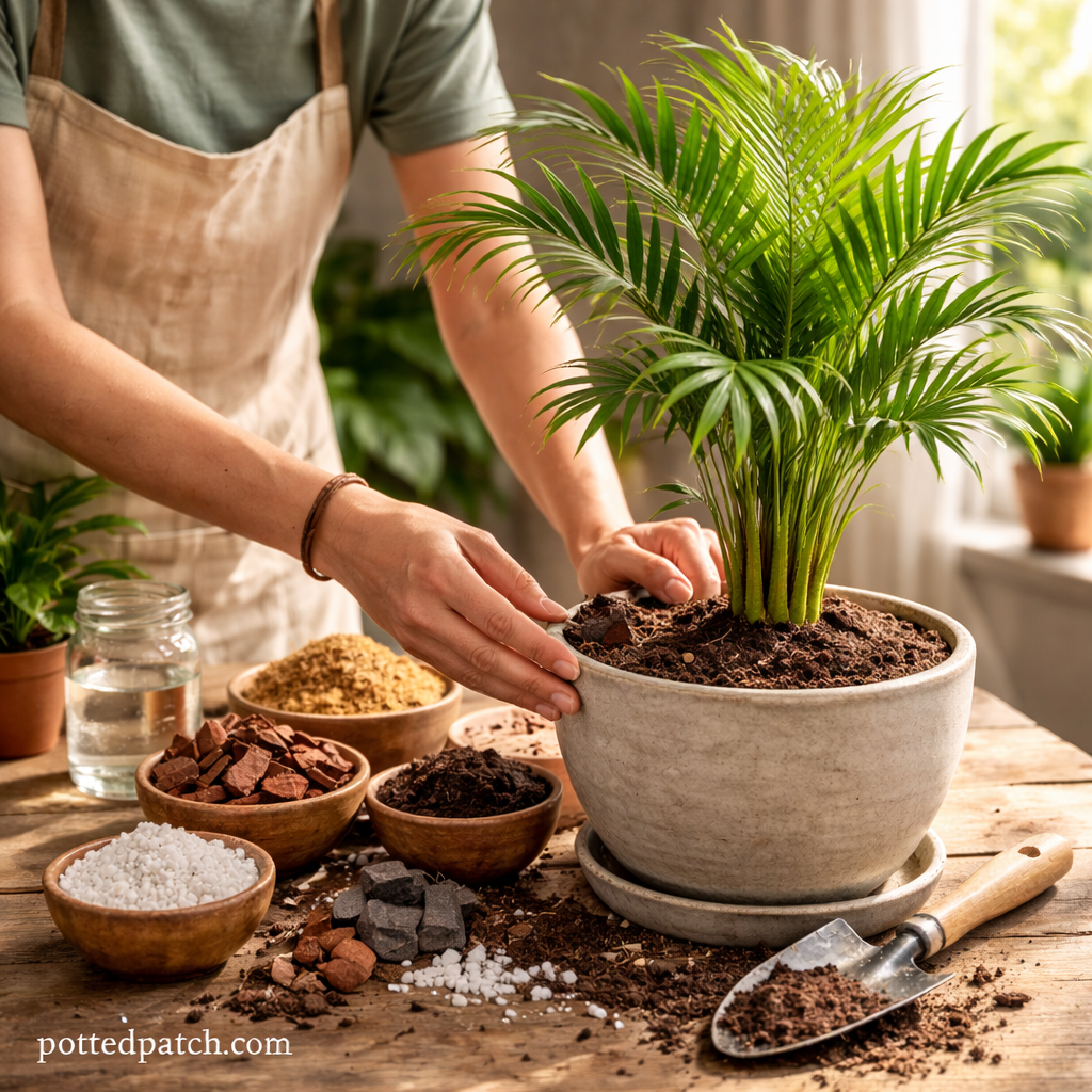 Person repotting an Areca palm using well-draining soil mix with perlite and bark indoors, pottedpatch.com watermark visible.
