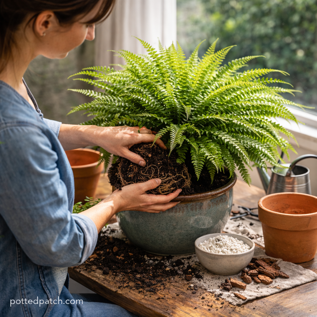 Person loosening root-bound Boston fern while repotting into a pot one to two inches larger with drainage holes.