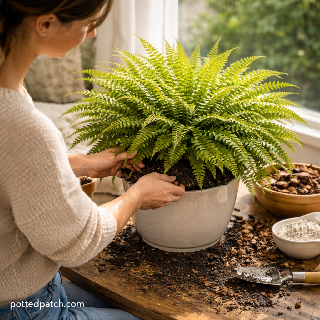 Person repotting a Boston fern into a well-draining peat, perlite, and pine bark soil mix in a pot with drainage holes.