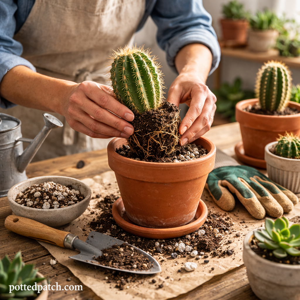Person gently placing a cactus with exposed roots into a terracotta pot filled with fresh cactus soil indoors.