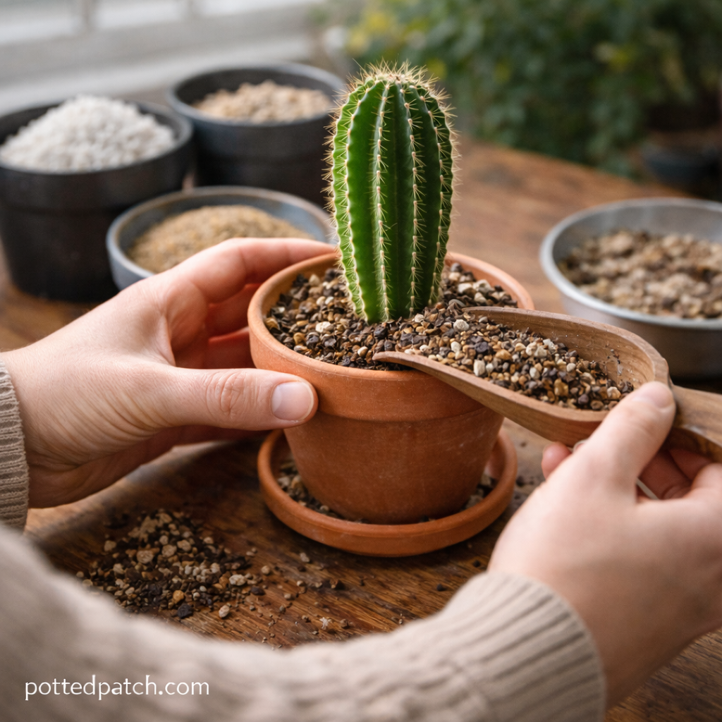 Person repotting a cactus into a terracotta pot using a gritty fast-draining soil mix with sand and perlite.