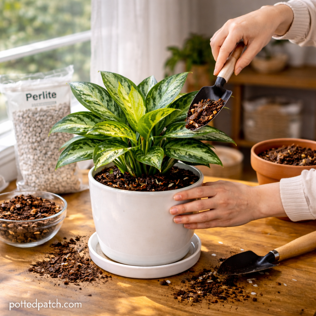 Person repotting a Chinese Evergreen using a well-draining soil mix with perlite and orchid bark indoors with pottedpatch.com watermark.