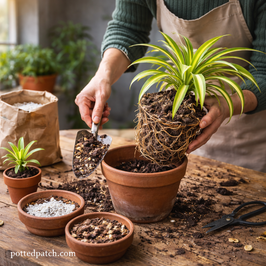 Person repotting a dracaena plant using a well-draining soil mix with perlite and bark indoors.