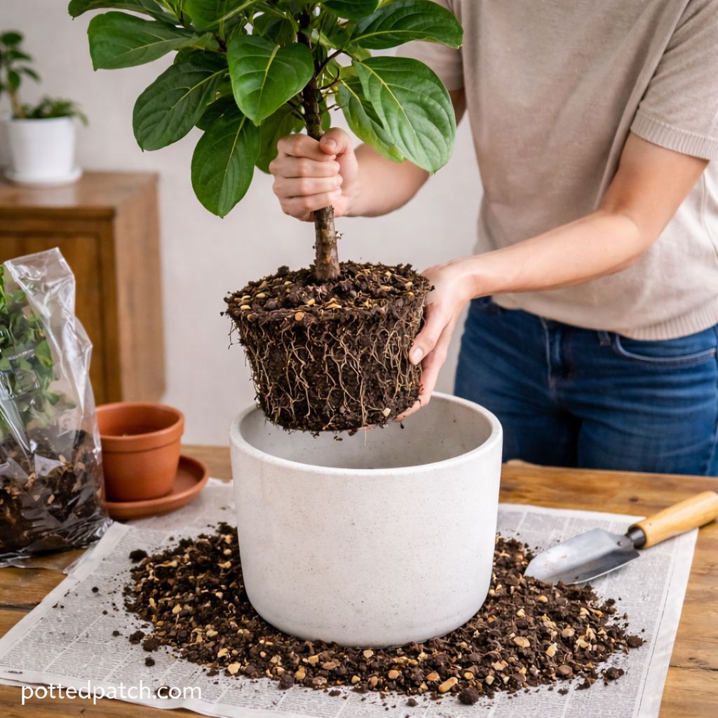 Person repotting a fiddle leaf fig into a larger ceramic container to improve drainage and root health with pottedpatch.com watermark.