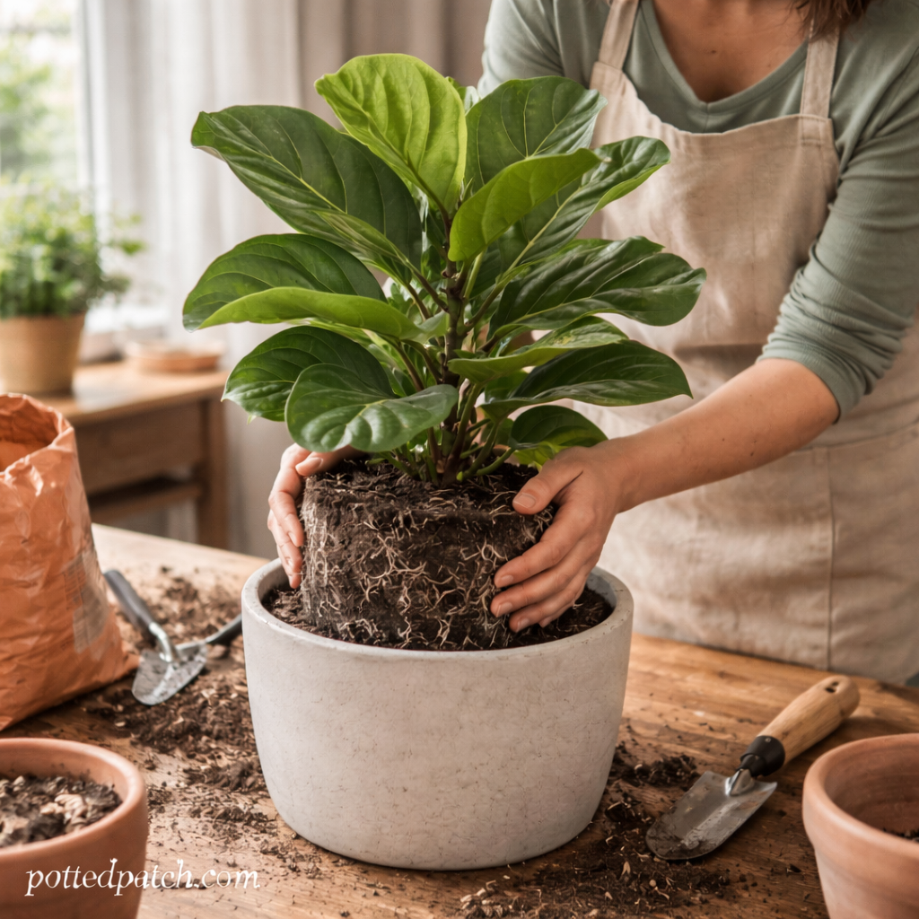 Person repotting a fiddle leaf fig into a slightly larger ceramic pot indoors with pottedpatch.com watermark.