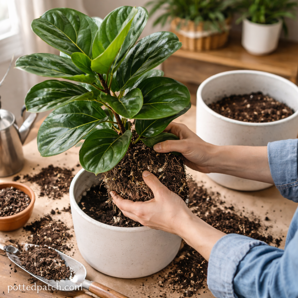 Person repotting a fiddle leaf fig plant with exposed root ball and fresh potting soil on table.