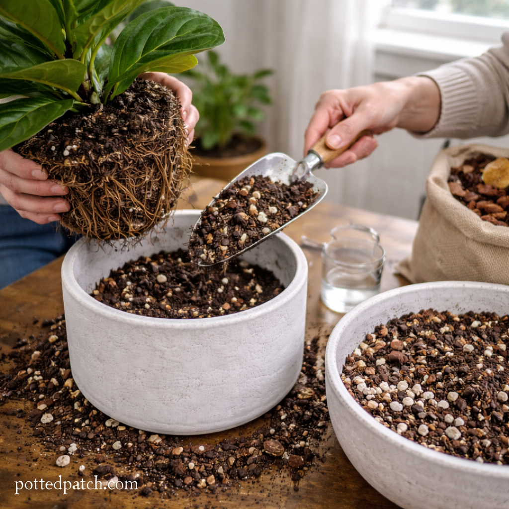 Person repotting a fiddle leaf fig using a well-draining soil mix with perlite and orchid bark with pottedpatch.com watermark.