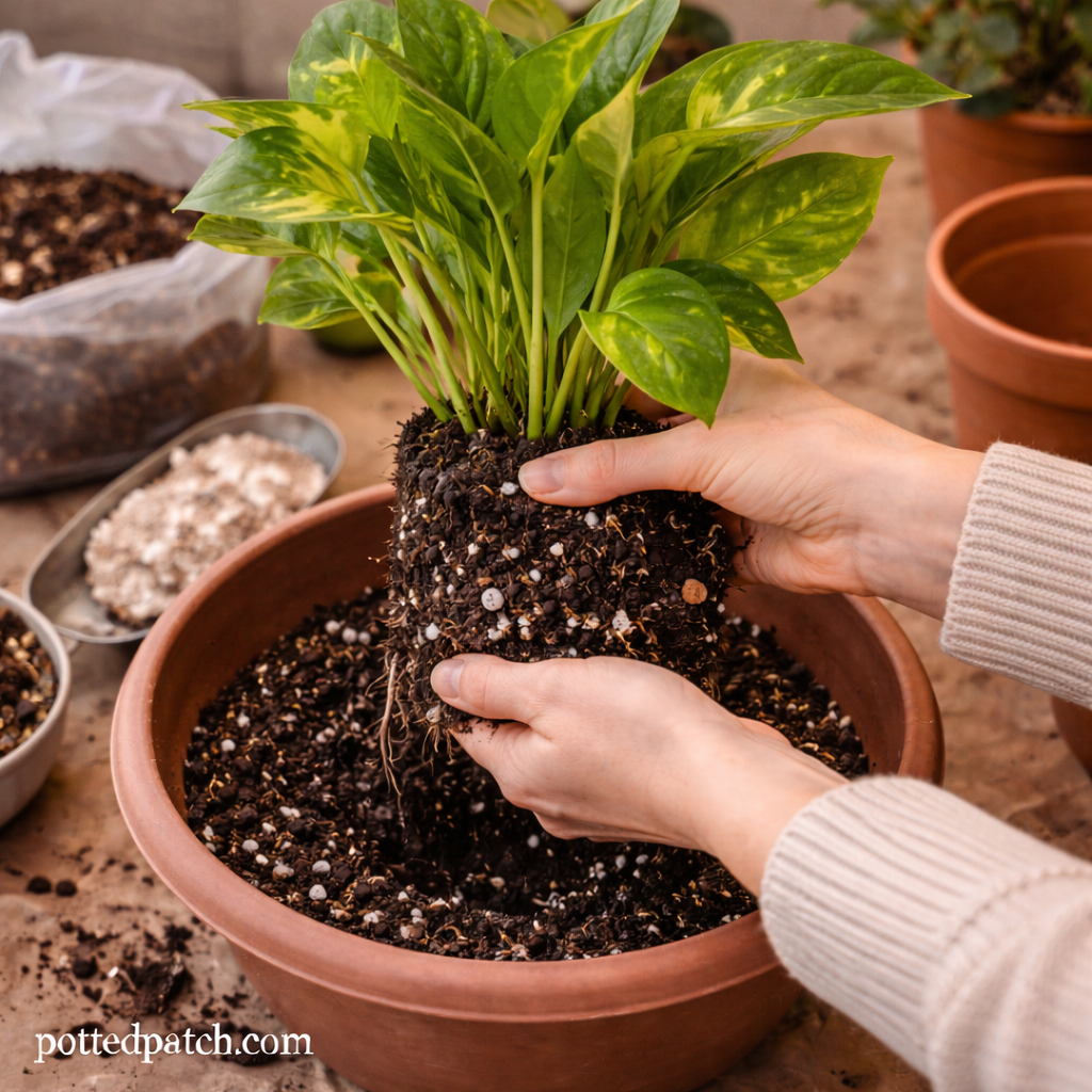 Person repotting an indoor houseplant with fresh, well-draining soil to support healthy root growth.