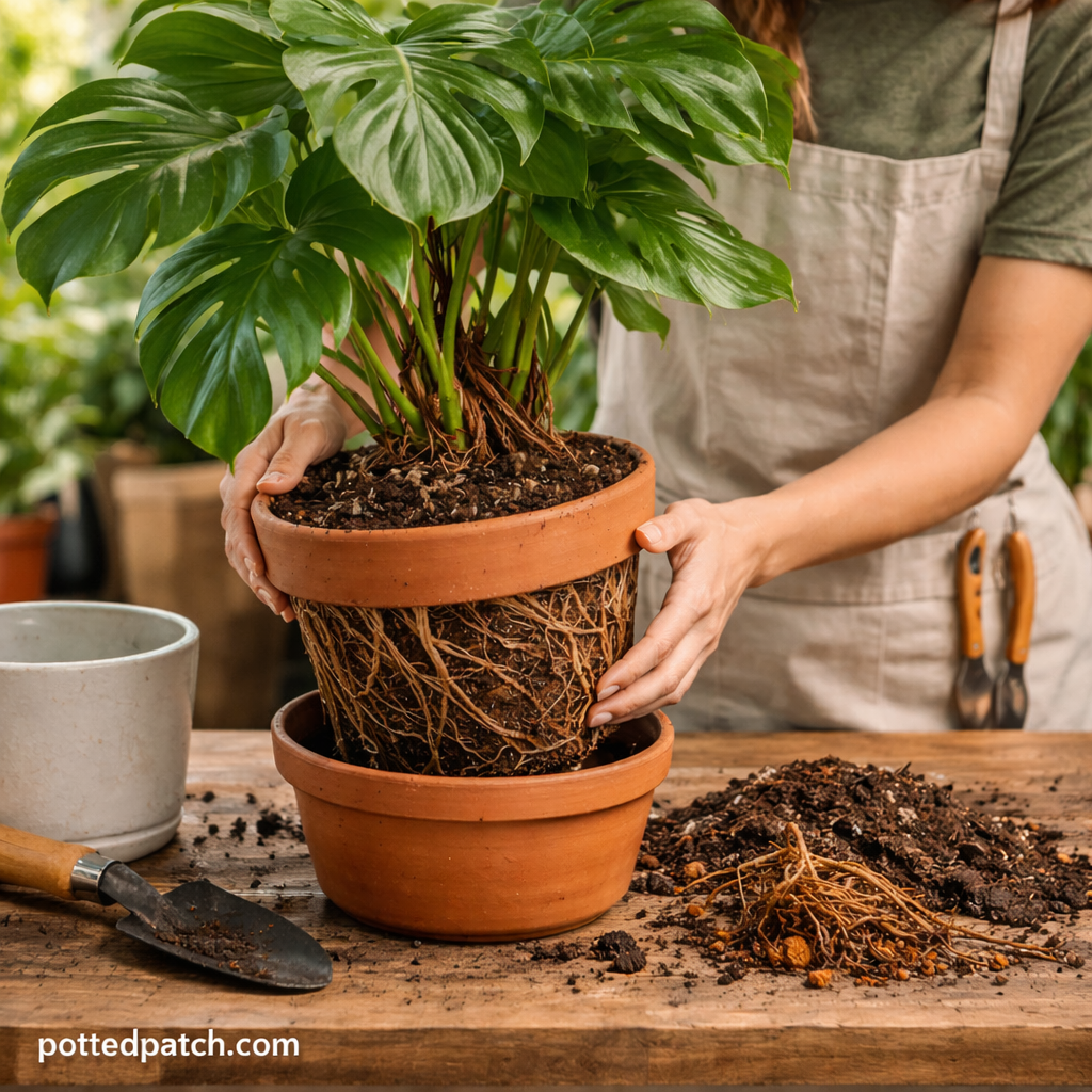 Person repotting a Monstera plant to prevent root bound roots in a container.