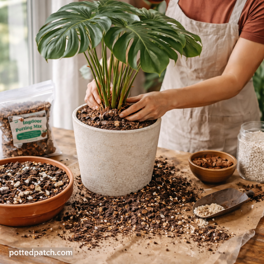 Person repotting a Monstera using a loose, well-draining soil mix to support healthy roots.