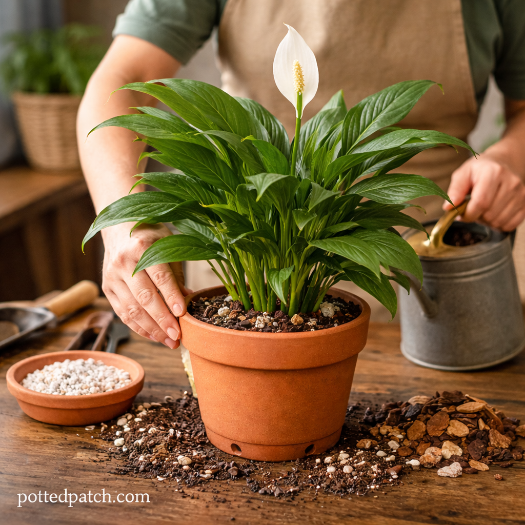 Person repotting a peace lily in a terracotta pot with perlite and orchid bark to improve soil drainage.