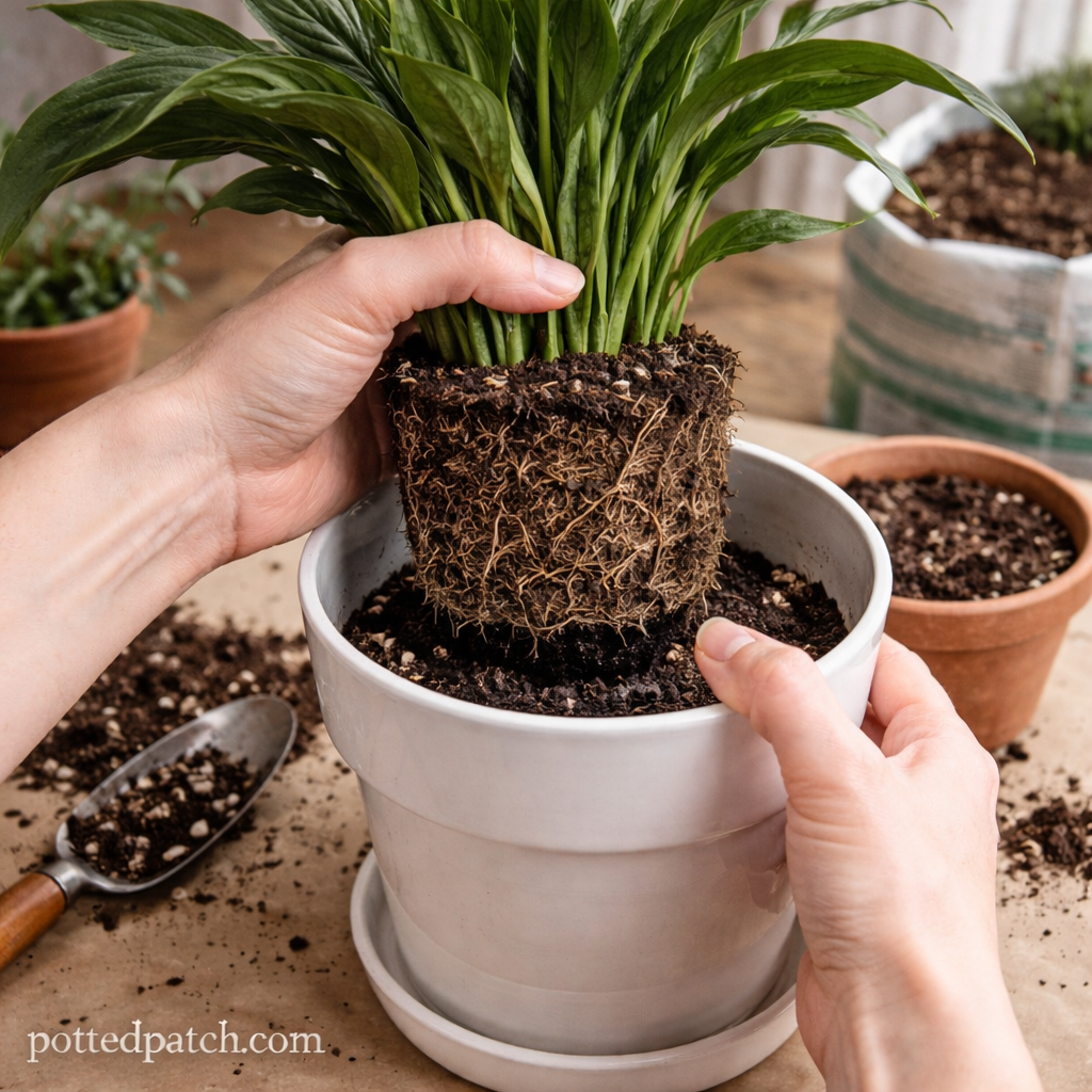 Hands repotting a peace lily with visible root ball into a ceramic pot with drainage, featuring pottedpatch.com watermark.
