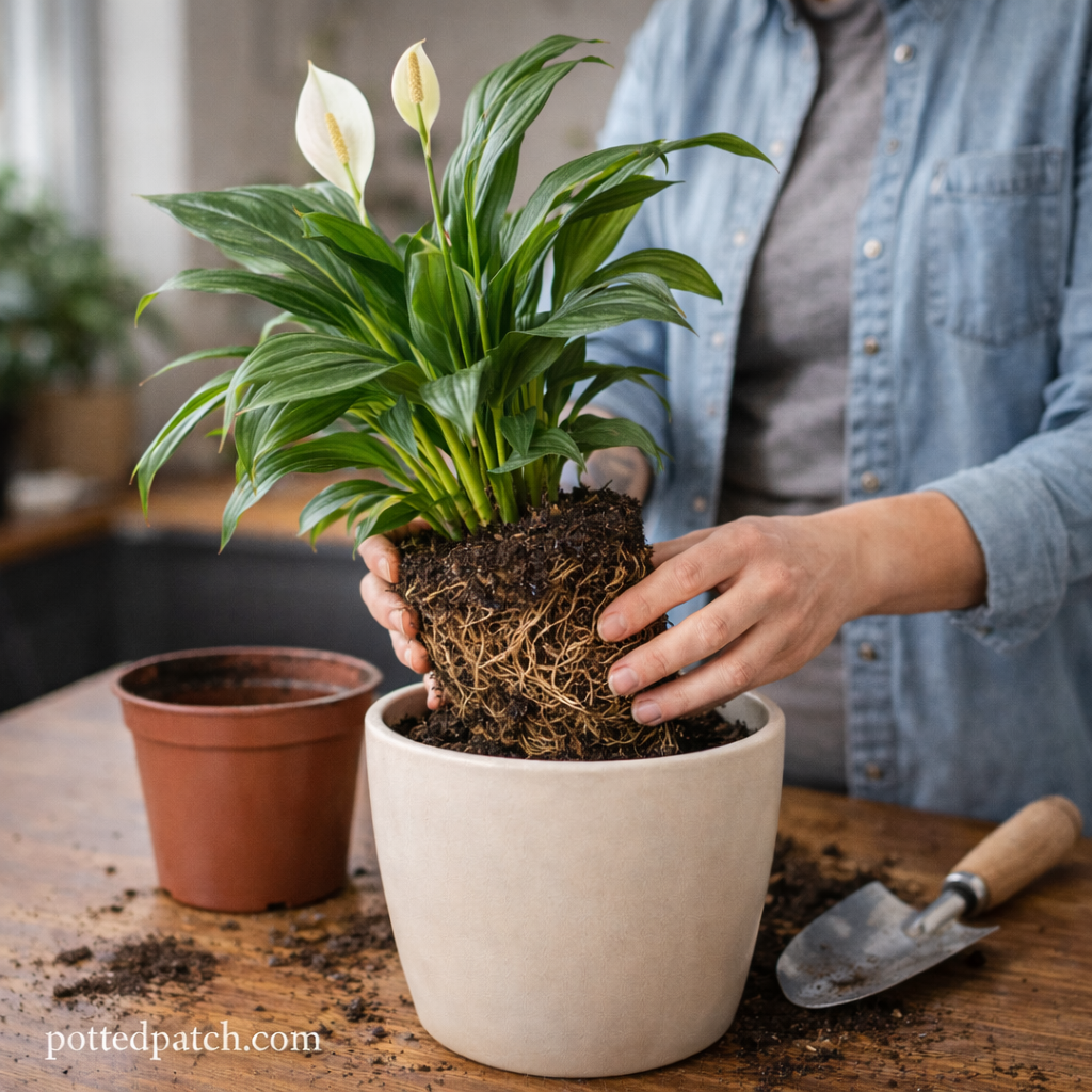 Person repotting a rootbound peace lily into a slightly larger ceramic pot indoors with pottedpatch.com watermark on bottom left.