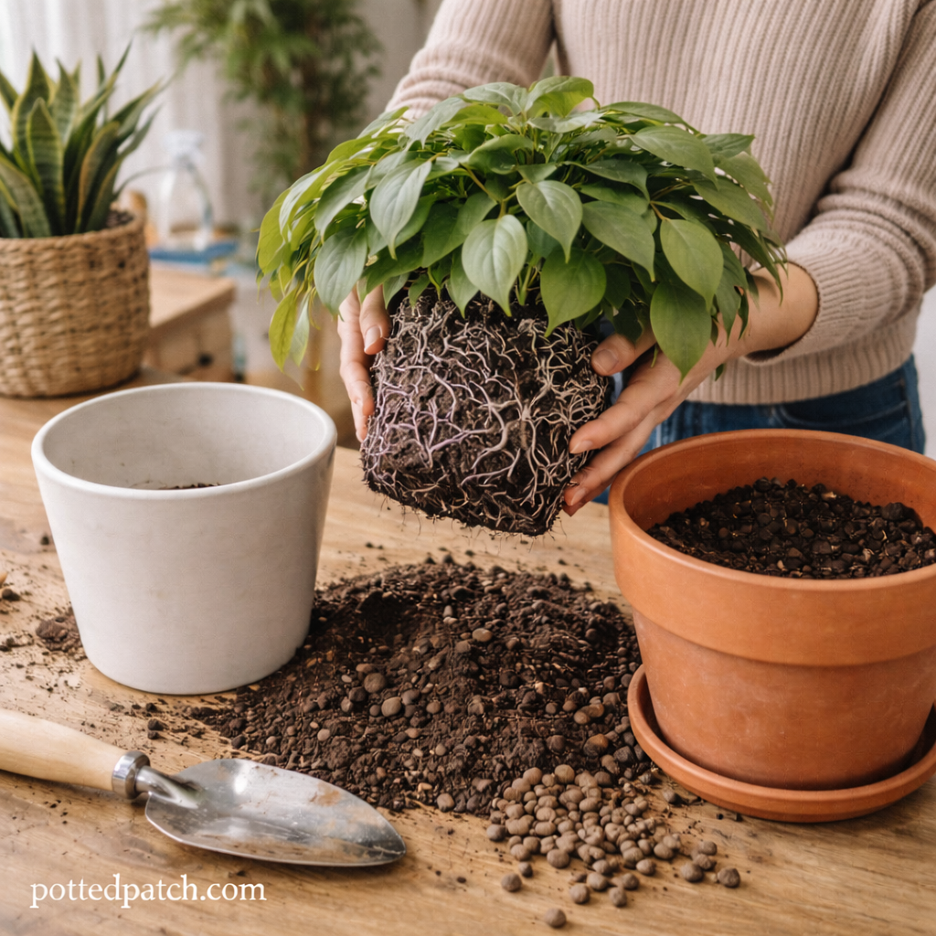 Person repotting a healthy philodendron into a slightly larger terracotta pot with visible root ball.