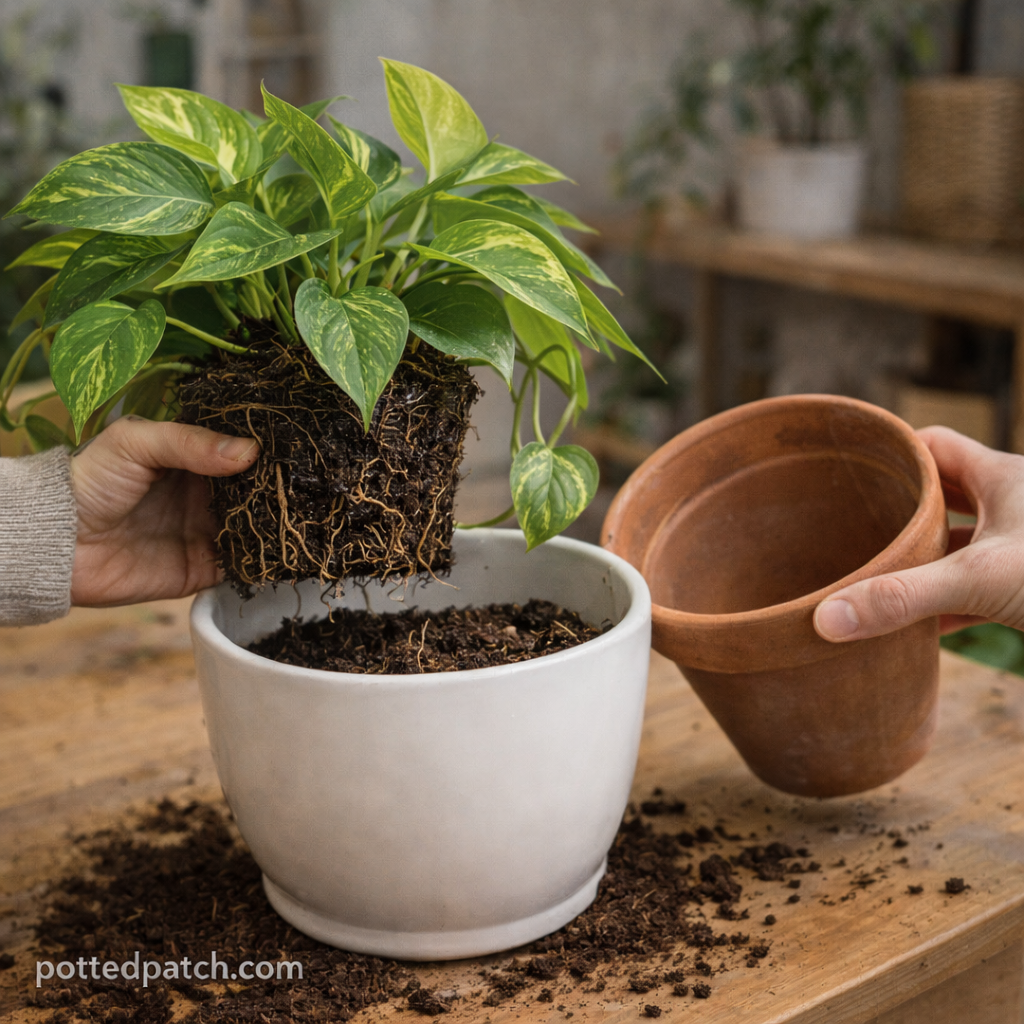 Person repotting a pothos plant from a smaller pot into a properly sized container indoors.