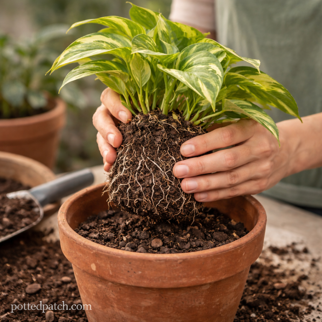Person repotting a pothos plant into a properly sized container indoors.