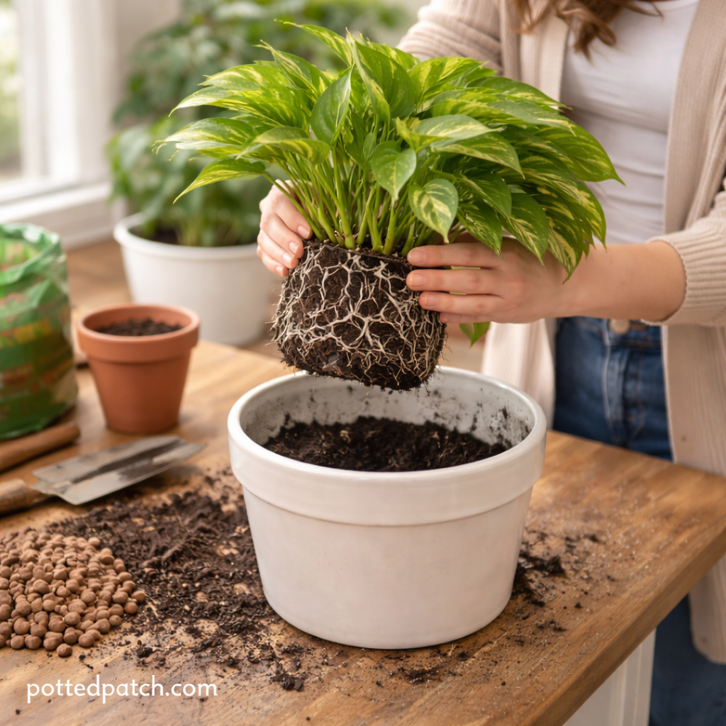 Person repotting a pothos plant and loosening roots to prevent root bound issues in an indoor container.