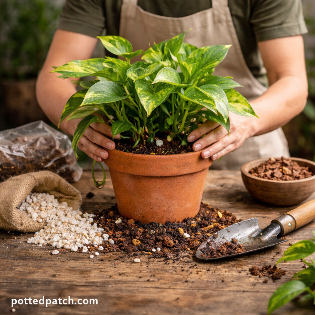 Person repotting a pothos plant using a well-draining indoor soil mix on a wooden table.