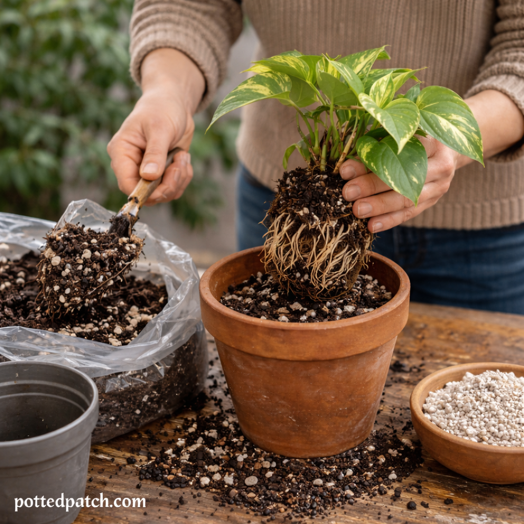 Person repotting a pothos plant using well-draining soil to improve container drainage.