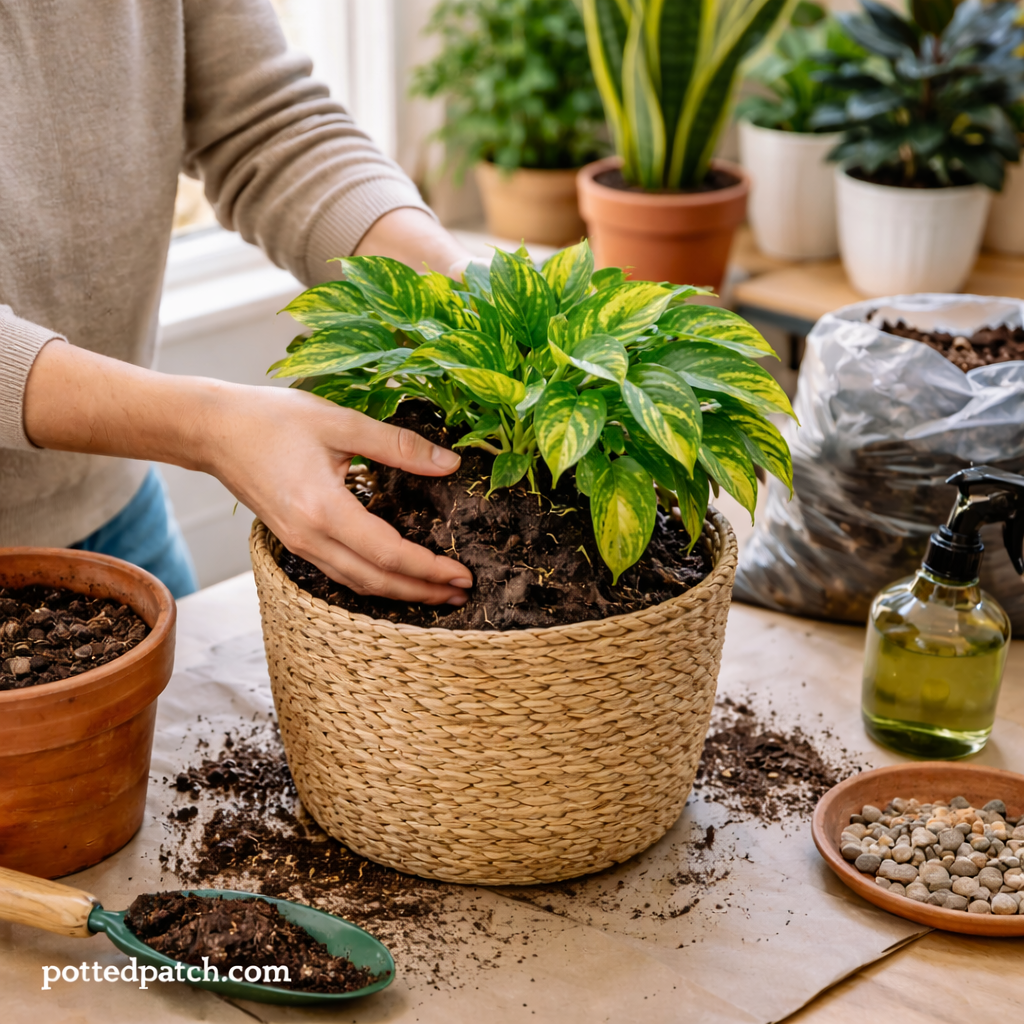 Person repotting a small houseplant into a portable container in a rental-friendly indoor space.