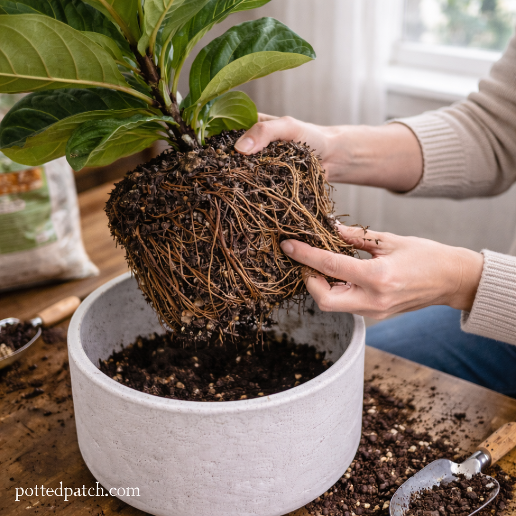Person loosening root bound roots of a fiddle leaf fig before repotting with pottedpatch.com watermark.