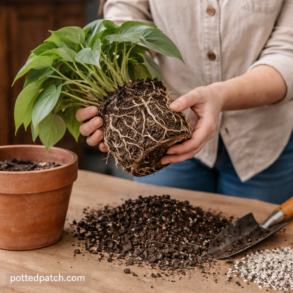 Person holding a root bound philodendron while repotting into fresh soil.