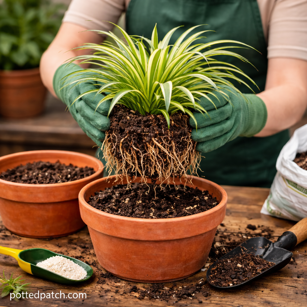 Person holding a root-bound spider plant above a larger terracotta pot while repotting indoors.