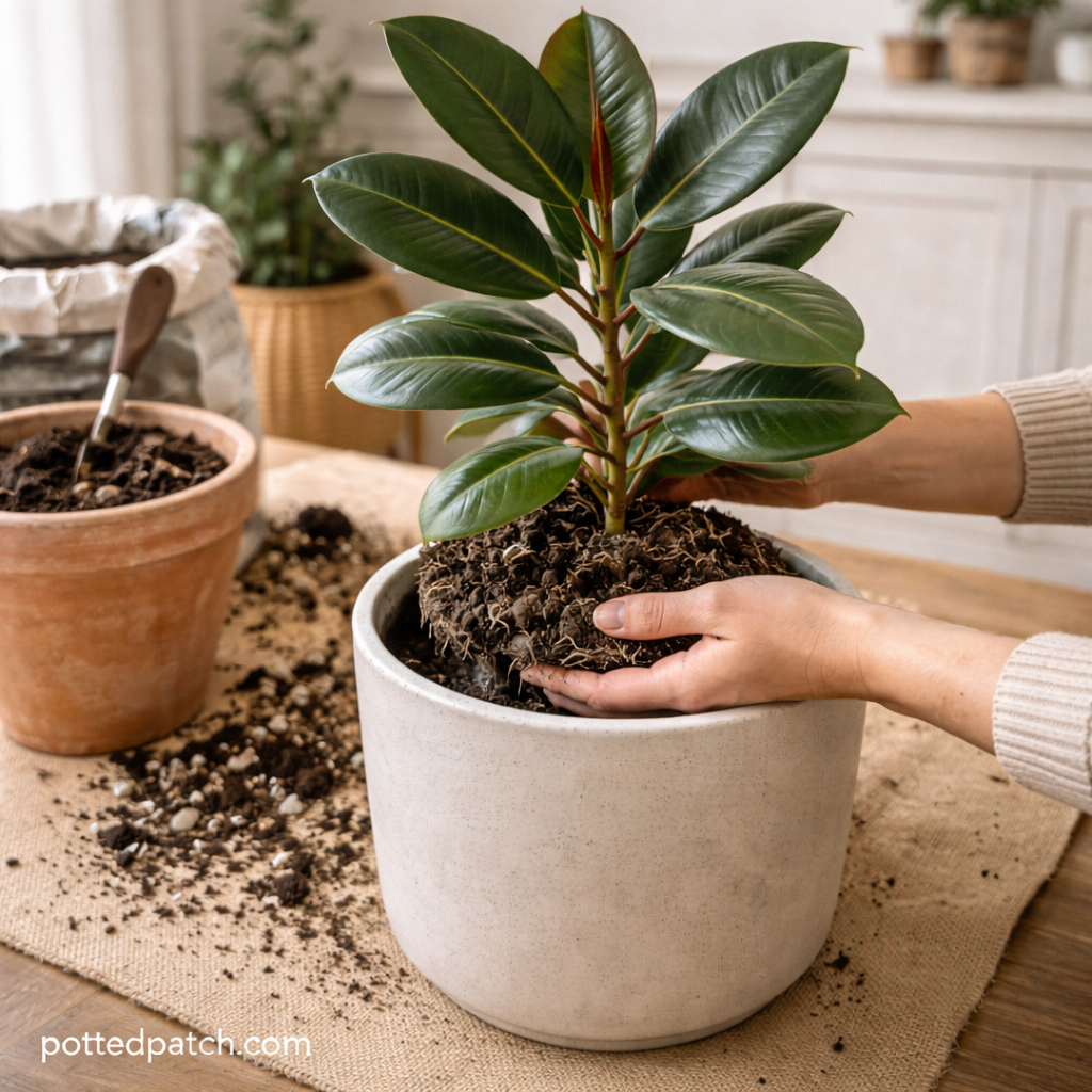 Hands repotting a rubber plant into a slightly larger ceramic pot indoors.