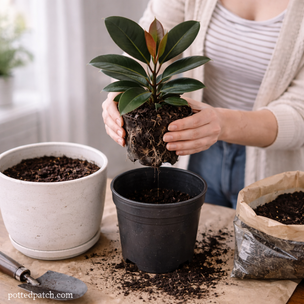 Person repotting a rubber plant into a larger black container with fresh soil indoors with pottedpatch.com watermark.