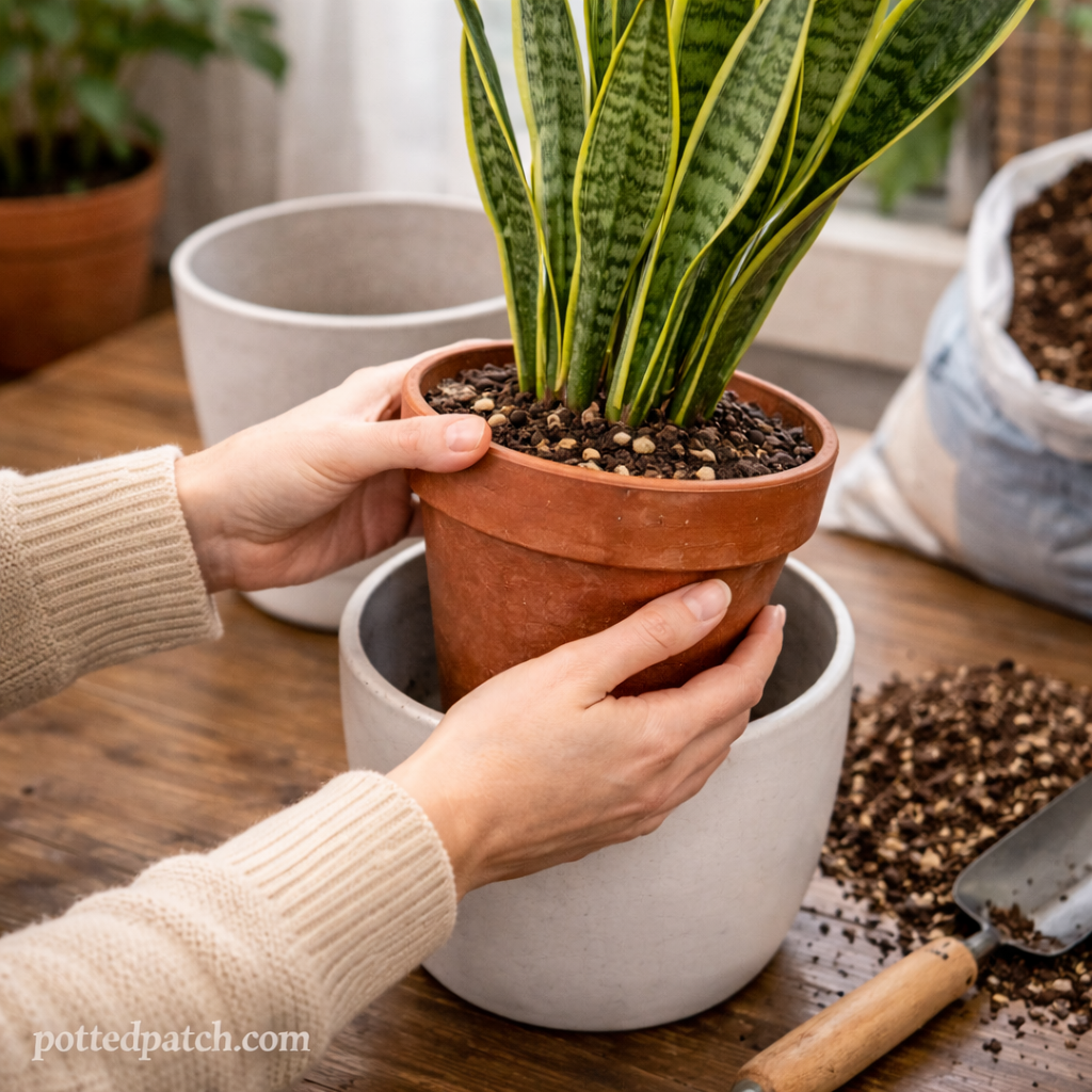 Person repotting a snake plant into a terracotta container indoors.