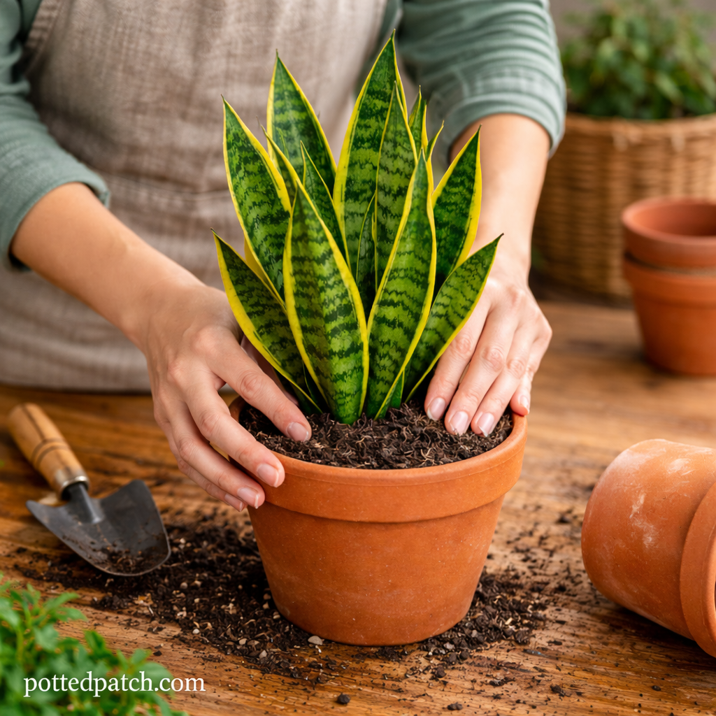 Person repotting a snake plant into an appropriately sized terracotta pot to support healthy root growth.