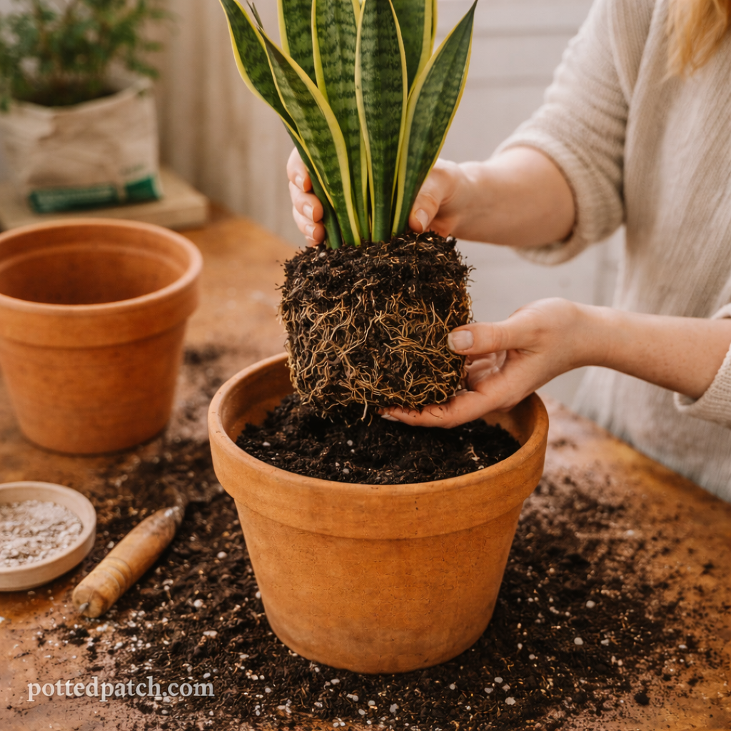 Person holding the root ball of a snake plant while repotting it into a new container.