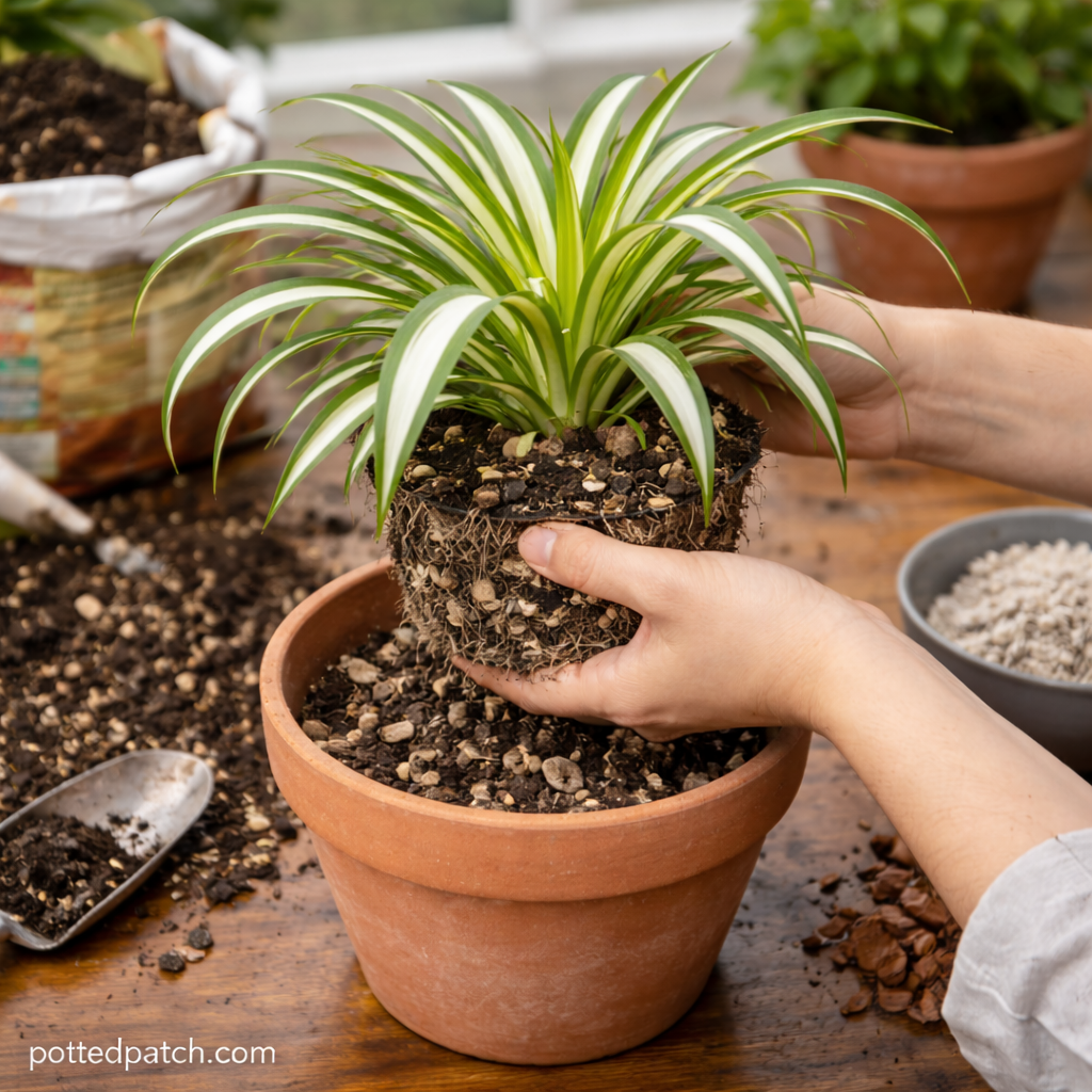 Person repotting a spider plant into a terracotta pot with well-draining soil mix.